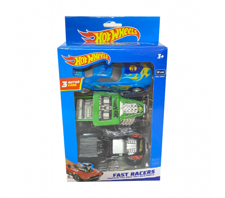 VEHICULO PULLBACK HOT WHEELS FAST RACER 3PACK 13CM